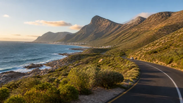 Western Cape coastal road between the ocean and rugged mountains