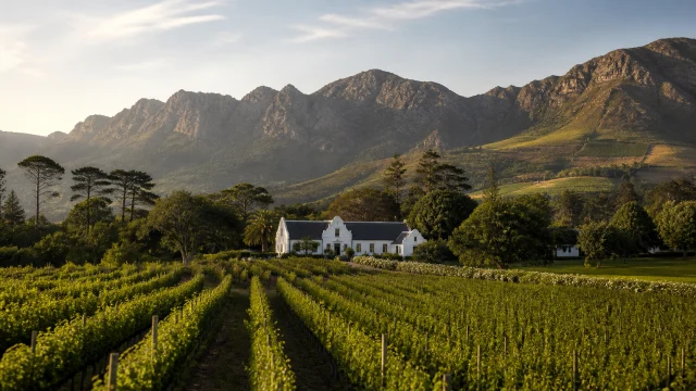 Vineyards and a Cape Dutch estate beneath Cape Winelands mountains